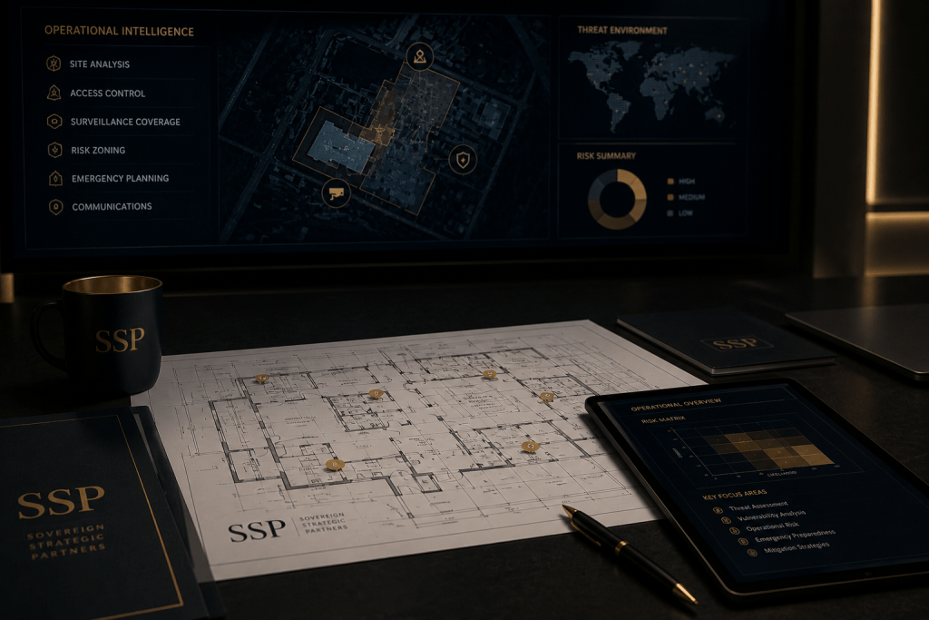 Security risk assessment planning with site layout, surveillance coverage, and operational risk analysis