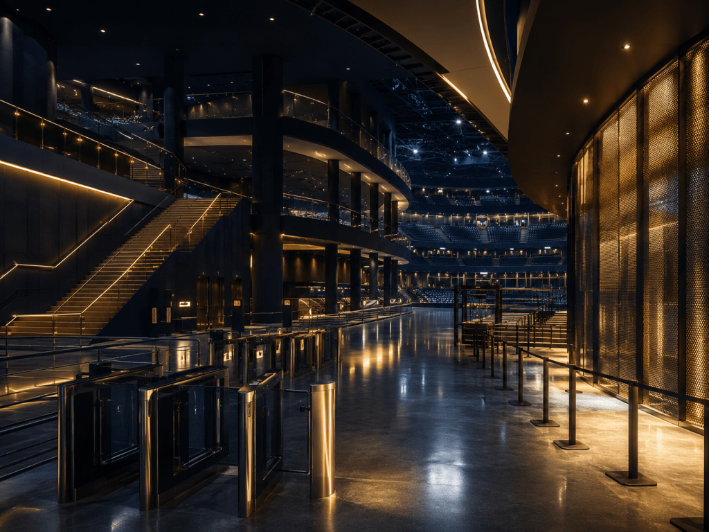 Entertainment venue entrance with controlled access points, queue lanes, and public-area security planning