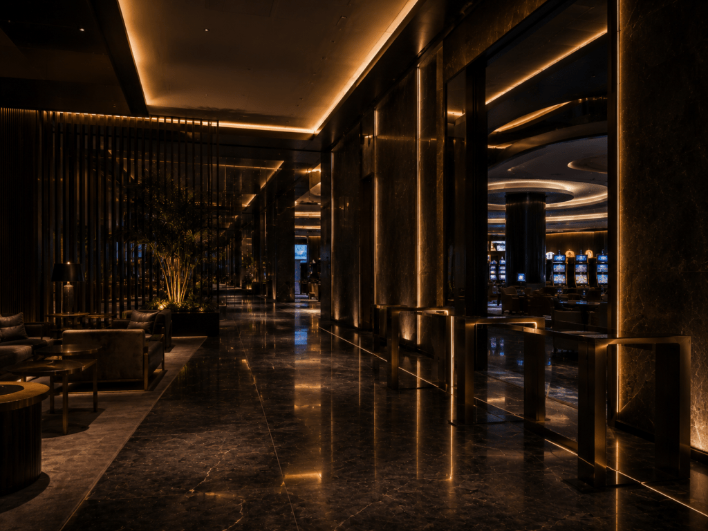 Luxury casino corridor and gaming floor illustrating gaming and hospitality security operations