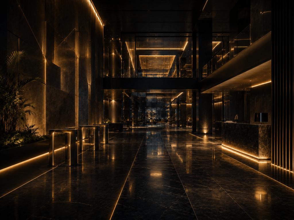 Secure commercial property lobby with controlled access points and monitored entry areas