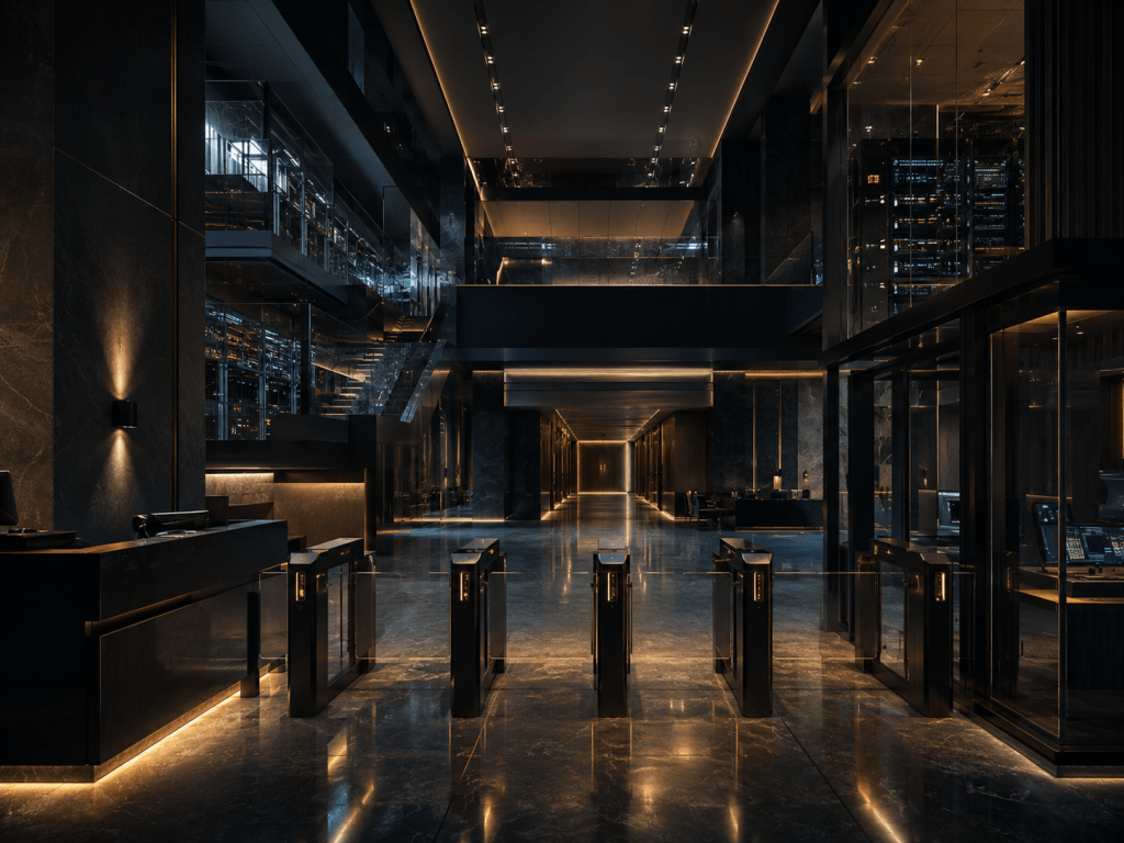 Secure high-risk facility entrance with controlled access, monitoring systems, and restricted operational areas