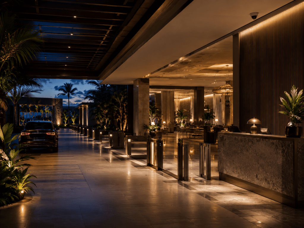 Luxury resort entrance with controlled vehicle access, guest arrival areas, and hospitality security monitoring