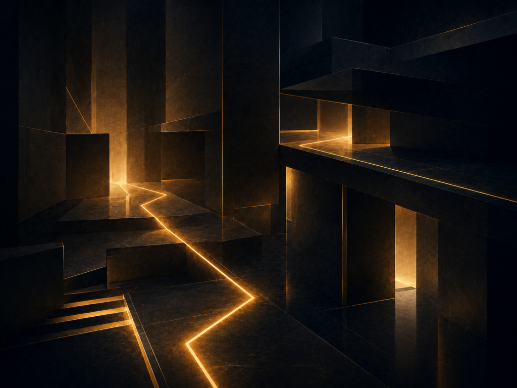 Operational risk and liability review represented by illuminated pathways through a complex environment